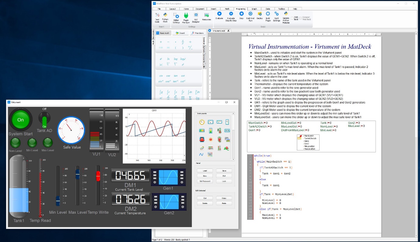 virtual instrument panel linked to a MatDeck document